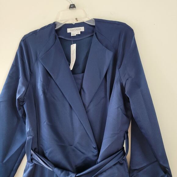 Kay Unger Longline Double Breasted Belted Jacket & Dress Set Navy Satin 14 - Picture 4 of 12